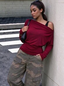 INAWLY Solva Women's Solid Color Asymmetrical Shoulder Long Sleeve Fashion Elegant Top - Burgundy - View 4