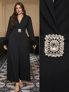 SHEIN Clasi Plus Size Fall/ Fashion Elegant Rhinestone Jumpsuit Party Cocktail Formal Chic Unique Shiny Faux Fur Paneling Christmas Black - Black - View 7