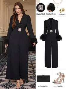 SHEIN Clasi Plus Size Fall/ Fashion Elegant Rhinestone Jumpsuit Party Cocktail Formal Chic Unique Shiny Faux Fur Paneling Christmas Black - Black - View 6