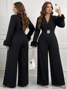SHEIN Clasi Plus Size Fall/ Fashion Elegant Rhinestone Jumpsuit Party Cocktail Formal Chic Unique Shiny Faux Fur Paneling Christmas Black - Black - View 10