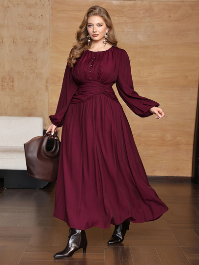 Roveilla Vestido Feminino Plus Size Primavera/Outono/Inverno Estilo Francês Chique Luxuoso Elegante Festa de Natal Design Minimalista de Alta Qualidade Escritório Deslocamento Estilo Old Money Confortável Cor Sólida Tecido Texturizado Gola Redonda Botões Frontais Botões de Metal Cintura Franzida Elástico nas Costas Bainha Evasê Manga Lanterna Manga Longa