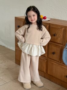 DAZY Young Girl Colorblock Long Sleeve Sweatshirt And Pants Casual Daily Set - Khaki - View 5