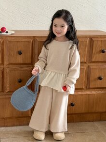 DAZY Young Girl Colorblock Long Sleeve Sweatshirt And Pants Casual Daily Set - Khaki - View 8