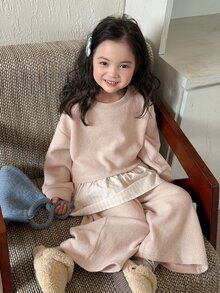 DAZY Young Girl Colorblock Long Sleeve Sweatshirt And Pants Casual Daily Set - Khaki - View 3