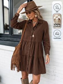 SHEIN LilyWest Women's Autumn/Winter New Ruffle Hem Casual Short Dress - Coffee Brown - View 3