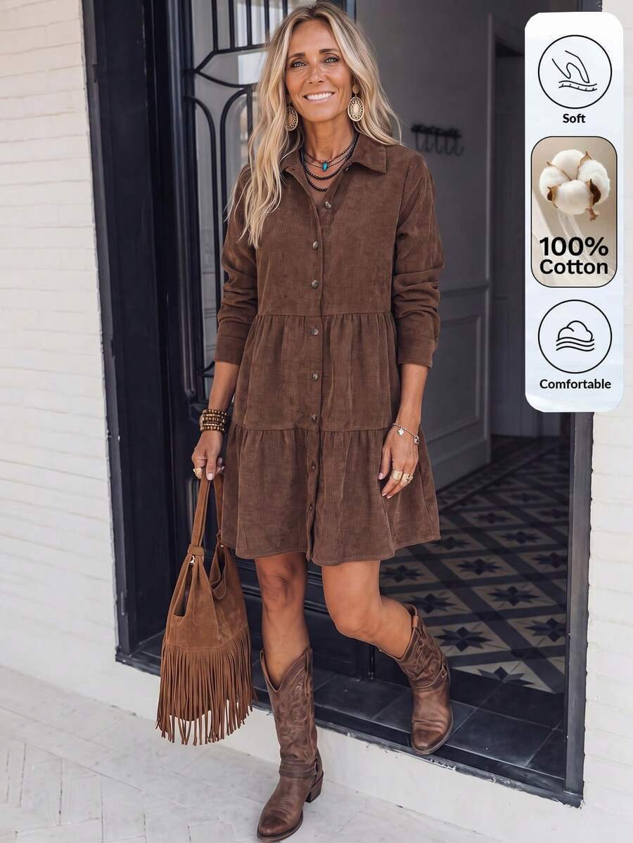 SHEIN LilyWest Women's Autumn/Winter New Ruffle Hem Casual Short Dress - Coffee Brown - View 1