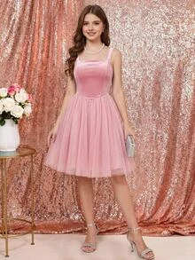 兒童青少年女孩 Girlism 粉色優雅天鵝絨拼接薄紗方領無袖高腰喇叭下擺迷你洋裝 派對生日度假秋季 - 粉色 - 查看 4