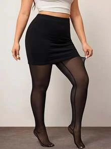Enliva Plus Size Women's Solid Color Pantyhose Sexy Sheer High Stretch Tights, For Apple Rounded Body Shape, For Summer Night Office Black - Black - View 5