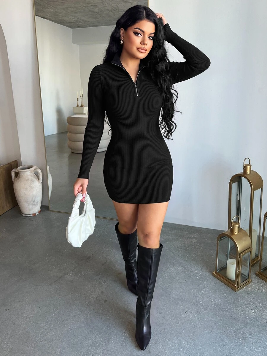 Dayanna Comas 女款純色半拉鍊休閒性感日常夜店外出連身裙 秋季 黑色 - 黑色 - 查看 1