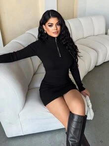 Dayanna Comas 女款純色半拉鍊休閒性感日常夜店外出連身裙 秋季 黑色 - 黑色 - 查看 5