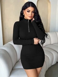 Dayanna Comas 女款純色半拉鍊休閒性感日常夜店外出連身裙 秋季 黑色 - 黑色 - 查看 4