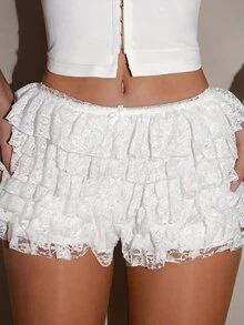 Bris Aura Summer;White Floral Lace Ruffle Low Waist Shorts Night Sexy Glamorous - White - View 3
