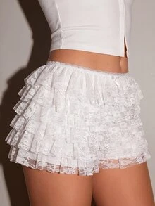 Bris Aura Summer;White Floral Lace Ruffle Low Waist Shorts Night Sexy Glamorous - White - View 5