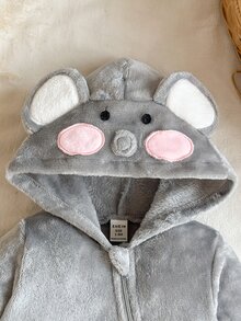 SHEIN 新生兒嬰兒連身衣 腳套式 可愛甜美 灰色粉色白色 毛絨抓絨 長袖 前拉鍊連帽 保暖舒適 假日日常 秋季 嬰兒幼兒連身衣 - 淺灰色 - 查看 4