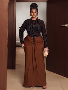 Maweii Plus Size Women's Leopard Print Sheer Long Sleeve Top + Ruched Bodycon Maxi Skirt 2 Pieces Set, Dates, Evening Events Fall New Year Black Brown Sexy - Multicolor - View 2