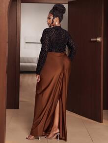 Maweii Plus Size Women's Leopard Print Sheer Long Sleeve Top + Ruched Bodycon Maxi Skirt 2 Pieces Set, Dates, Evening Events Fall New Year Black Brown Sexy - Multicolor - View 4