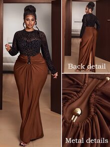 Maweii Plus Size Women's Leopard Print Sheer Long Sleeve Top + Ruched Bodycon Maxi Skirt 2 Pieces Set, Dates, Evening Events Fall New Year Black Brown Sexy - Multicolor - View 3