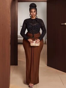 Maweii Plus Size Women's Leopard Print Sheer Long Sleeve Top + Ruched Bodycon Maxi Skirt 2 Pieces Set, Dates, Evening Events Fall New Year Black Brown Sexy - Multicolor - View 5