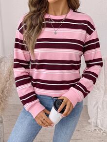 SHEIN LUNE Going Out Tops For Women Striped Top Pink Blouse Winter New Elegant Minimalist Casual Versatile Striped Color-Block Sweatshirt - Multicolor - View 8