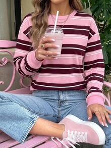 SHEIN LUNE Going Out Tops For Women Striped Top Pink Blouse Winter New Elegant Minimalist Casual Versatile Striped Color-Block Sweatshirt - Multicolor - View 1