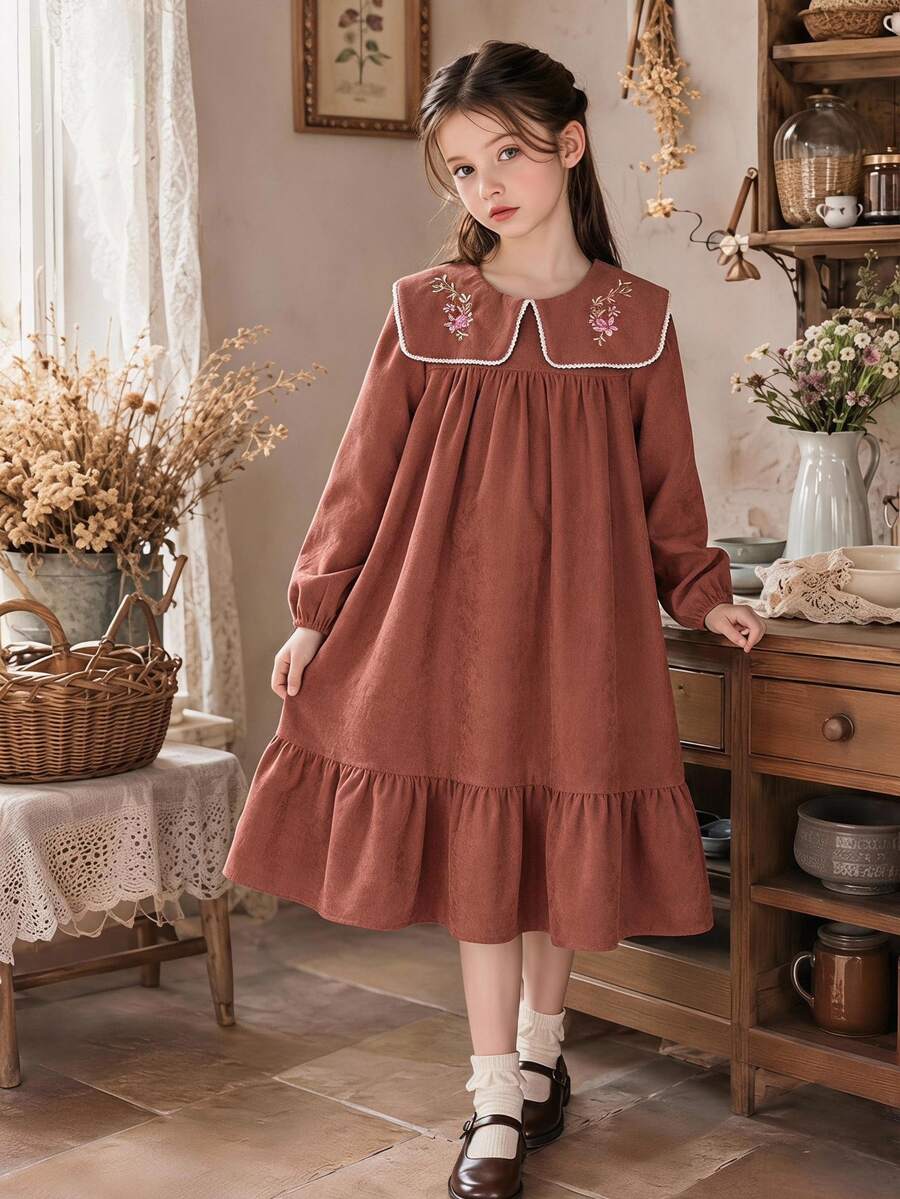 SHEIN Tween Girl Red Floral Long Sleeve Dress Outfit Fall Style US Fall Style - Coffee Brown - View 1