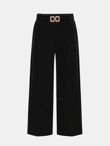 SHEIN 青少年女孩極簡方扣優雅秋冬長褲 - 黑色 - 查看 5