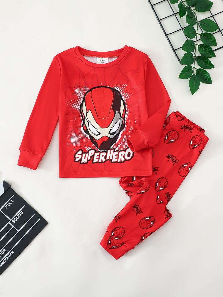 SHEIN Young Boy Cartoon Spider Pattern Knitted Soft Round Neck Long Sleeve Pullover Top Elastic Waist Plaid Long Pants Tight Long Sleeve Long Pants Loungewear 2pcs Set, Suitable For Autumn/Winter, Christmas, New Year, Gift, Indoor - Blue - View 3