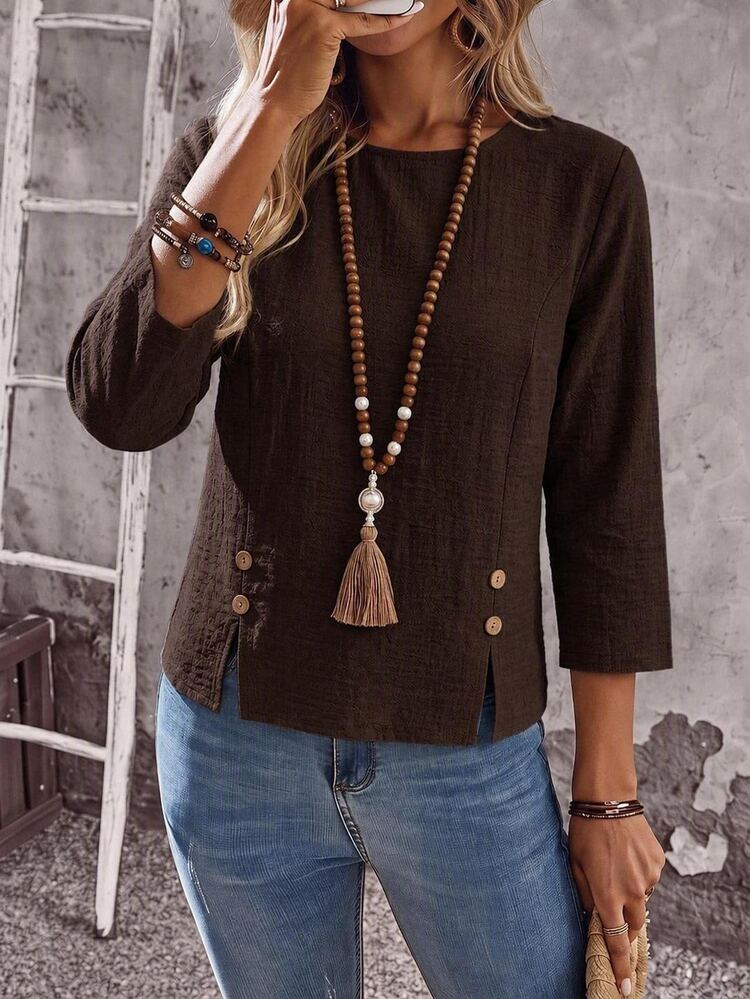 EMERY ROSE Elegant Women's Blouses Going Out Tops Women's Solid Color Casual Daily Wear Blouse Tea Party Everyday Dark Brown Fall - Chocolate Brown - View 5