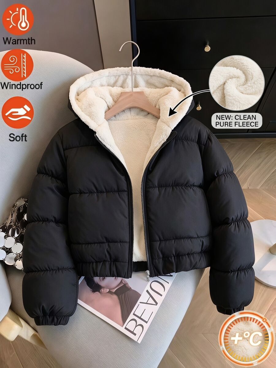 SHEIN 青少年女孩冬季外套 女孩加厚棉服 抓絨內裡 寬鬆版型 防寒保暖 校園社團穿搭 黑白配色 簡約可愛 - 黑色 - 查看 1