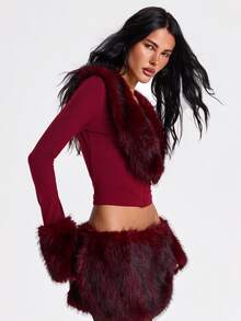 ROMWE Y2K Hot Girl Party Outfit Patchwork Faux Fur Deep V-Neck Fitted Open Front Top For Women - Burgundy - View 6