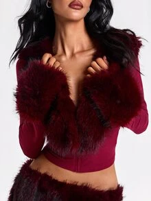 ROMWE Y2K Hot Girl Party Outfit Patchwork Faux Fur Deep V-Neck Fitted Open Front Top For Women - Burgundy - View 2
