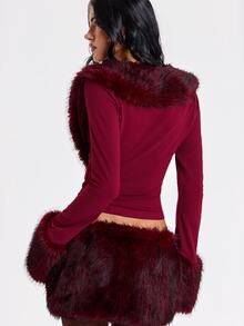 ROMWE Y2K Hot Girl Party Outfit Patchwork Faux Fur Deep V-Neck Fitted Open Front Top For Women - Burgundy - View 7