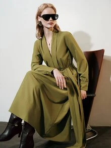 Aveloria Modichic Women's Dress High Waist A-Line Textured Deep V Wide Tie Pleated Large Swing Elegant Olive Green Solid Long Midi Fall Office Dinner - Green - View 7
