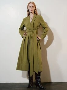 Aveloria Modichic Women's Dress High Waist A-Line Textured Deep V Wide Tie Pleated Large Swing Elegant Olive Green Solid Long Midi Fall Office Dinner - Green - View 12