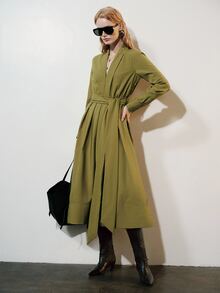 Aveloria Modichic Women's Dress High Waist A-Line Textured Deep V Wide Tie Pleated Large Swing Elegant Olive Green Solid Long Midi Fall Office Dinner - Green - View 8
