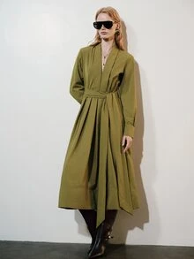 Aveloria Modichic Women's Dress High Waist A-Line Textured Deep V Wide Tie Pleated Large Swing Elegant Olive Green Solid Long Midi Fall Office Dinner - Green - View 11