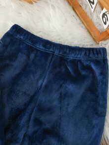 SHEIN Tween Boy Colorblock Patchwork Letter Embroidery Plush Fabric Loungewear 2 Pieces Set - Navy Blue - View 4