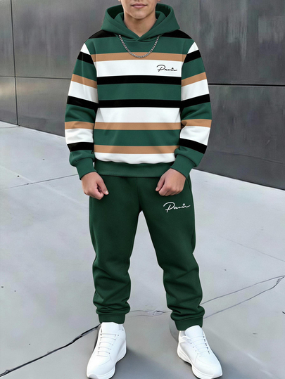 SHEIN Coolqubz 2pcs Boys Fashion Hoodie & Pants Set, Soft Fabric, Easy To Wear, Digital Print Top With Positioned Cut, Loose Fit. Suitable For Autumn, Outdoor, Travel, Photography, School And Various Occasions. Essential Autumn Hoodie & Pants 2 Pieces Set For Boys