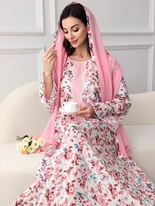 Al Najma 圓領碎花拼接素色曲邊飾阿拉伯風連頭巾端莊洋裝 - 粉色 - 查看 2