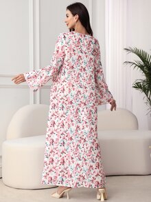 Al Najma 圓領碎花拼接素色曲邊飾阿拉伯風連頭巾端莊洋裝 - 粉色 - 查看 3