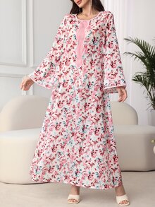 Al Najma 圓領碎花拼接素色曲邊飾阿拉伯風連頭巾端莊洋裝 - 粉色 - 查看 8