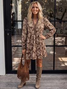 LanaWest Women's New Printed Comfortable Casual Short Dress - Brown - View 8