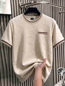 ARLO REED Men's Business Casual Everyday Knit Jacquard Solid Color Textured Collar And Cuffs Ribbed T-Shirt - Apricot - View 3