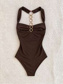 SHEIN Vintage Dark Brown Draped Neck Bodysuit With Cowl Neck, Sequin & Rhinestone Chain Backless Sexy Fashion Bodysuit - Brown - View 2