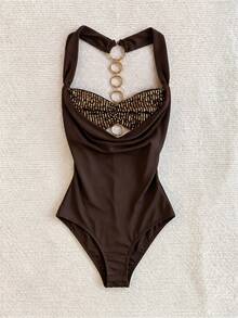 SHEIN Vintage Dark Brown Draped Neck Bodysuit With Cowl Neck, Sequin & Rhinestone Chain Backless Sexy Fashion Bodysuit - Brown - View 3