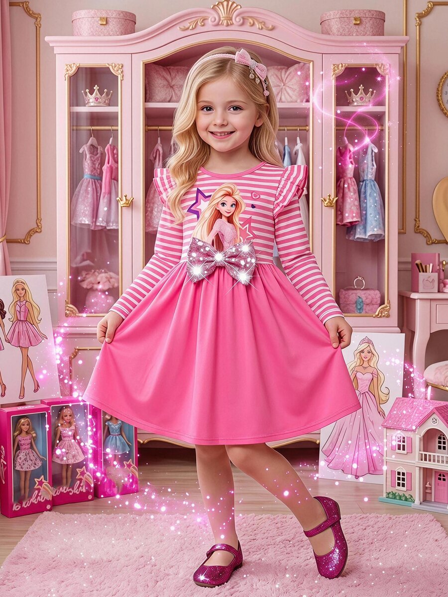 SHEIN Young Girl Knitted Striped Ruffle Cartoon Little Girl Print Casual Dress