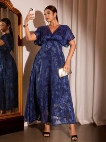 Rometta Plus Size Chiffon Floral Cutout Fabric Shirred One-Piece Sleeve Back Gathered Waist A-Line Long Dress Elegant For Outing Dating Gathering Party - Navy Blue - View 3