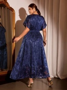 Rometta Plus Size Chiffon Floral Cutout Fabric Shirred One-Piece Sleeve Back Gathered Waist A-Line Long Dress Elegant For Outing Dating Gathering Party - Navy Blue - View 2