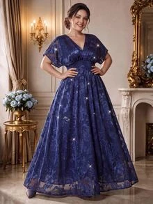 Rometta Plus Size Chiffon Floral Cutout Fabric Shirred One-Piece Sleeve Back Gathered Waist A-Line Long Dress Elegant For Outing Dating Gathering Party - Navy Blue - View 1