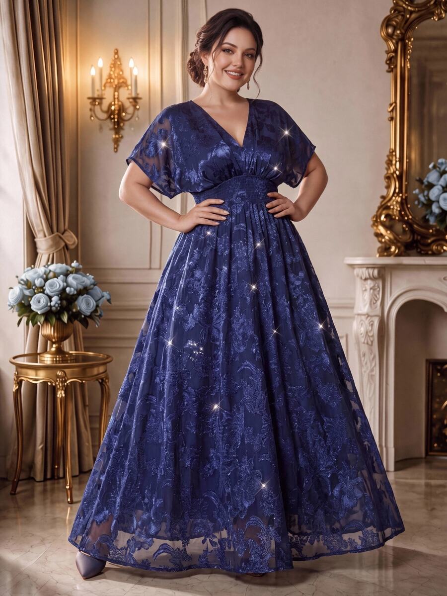 Rometta Plus Size Chiffon Floral Cutout Fabric Shirred One-Piece Sleeve Back Gathered Waist A-Line Long Dress Elegant For Outing Dating Gathering Party - Navy Blue - View 1